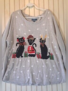 Cute Karen Scott Women’s Cat Christmas Sweater 3X Grey White Polka Dots
